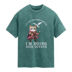 Im Not Procrastinating Im Doing Side Quests Washed Cotton T-Shirt Funny RPG Gamer Cat Lover Gift