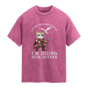 Im Not Procrastinating Im Doing Side Quests Washed Cotton T-Shirt Funny RPG Gamer Cat Lover Gift
