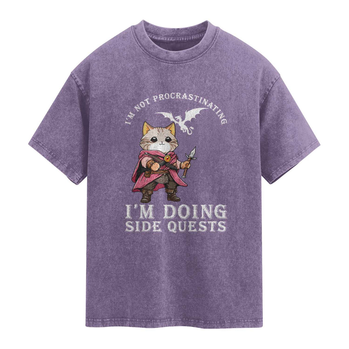 Im Not Procrastinating Im Doing Side Quests Washed Cotton T-Shirt Funny RPG Gamer Cat Lover Gift