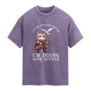 Im Not Procrastinating Im Doing Side Quests Washed Cotton T-Shirt Funny RPG Gamer Cat Lover Gift