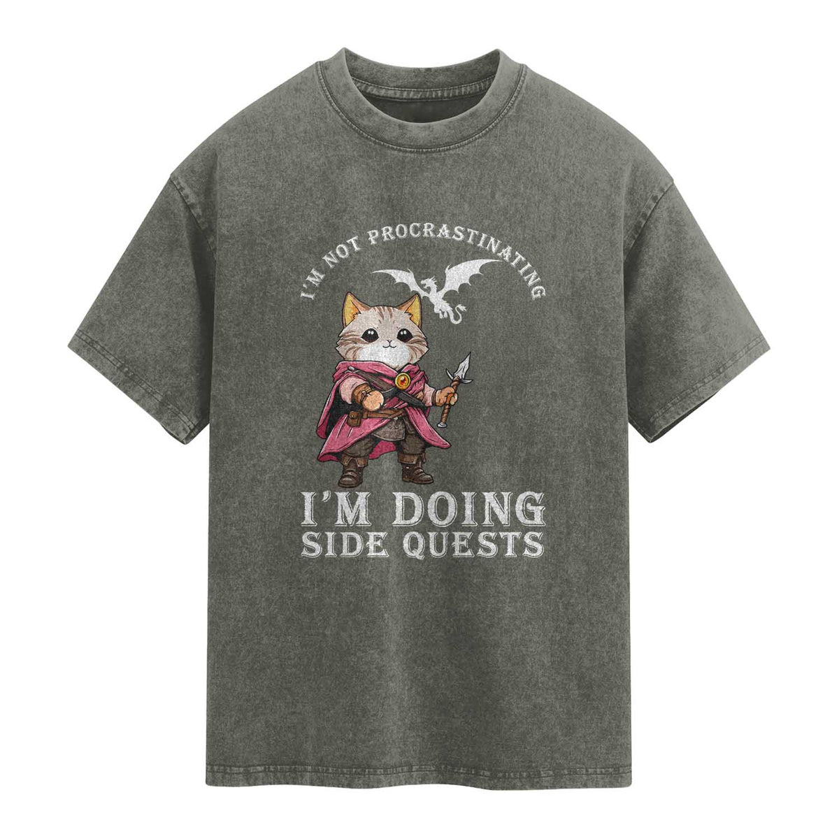 Im Not Procrastinating Im Doing Side Quests Washed Cotton T-Shirt Funny RPG Gamer Cat Lover Gift