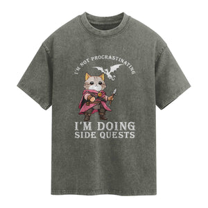 Im Not Procrastinating Im Doing Side Quests Washed Cotton T-Shirt Funny RPG Gamer Cat Lover Gift