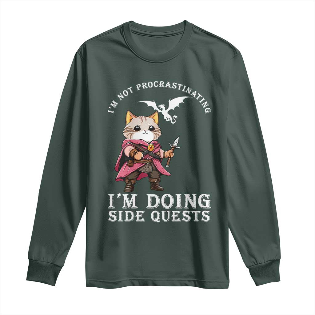 Im Not Procrastinating Im Doing Side Quests Long Sleeve Shirt Funny RPG Gamer Cat Lover Gift TS12 Dark Forest Green Print Your Wear