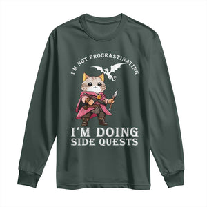 Im Not Procrastinating Im Doing Side Quests Long Sleeve Shirt Funny RPG Gamer Cat Lover Gift TS12 Dark Forest Green Print Your Wear