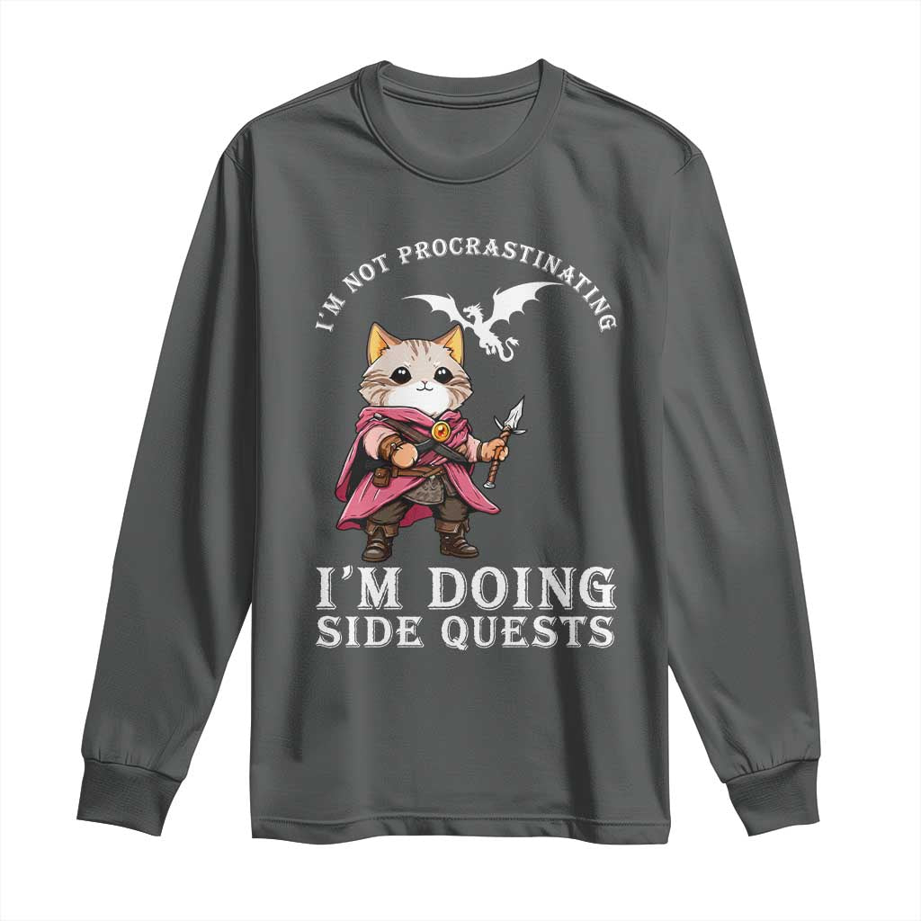 Im Not Procrastinating Im Doing Side Quests Long Sleeve Shirt Funny RPG Gamer Cat Lover Gift TS12 Dark Heather Print Your Wear