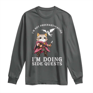 Im Not Procrastinating Im Doing Side Quests Long Sleeve Shirt Funny RPG Gamer Cat Lover Gift TS12 Dark Heather Print Your Wear