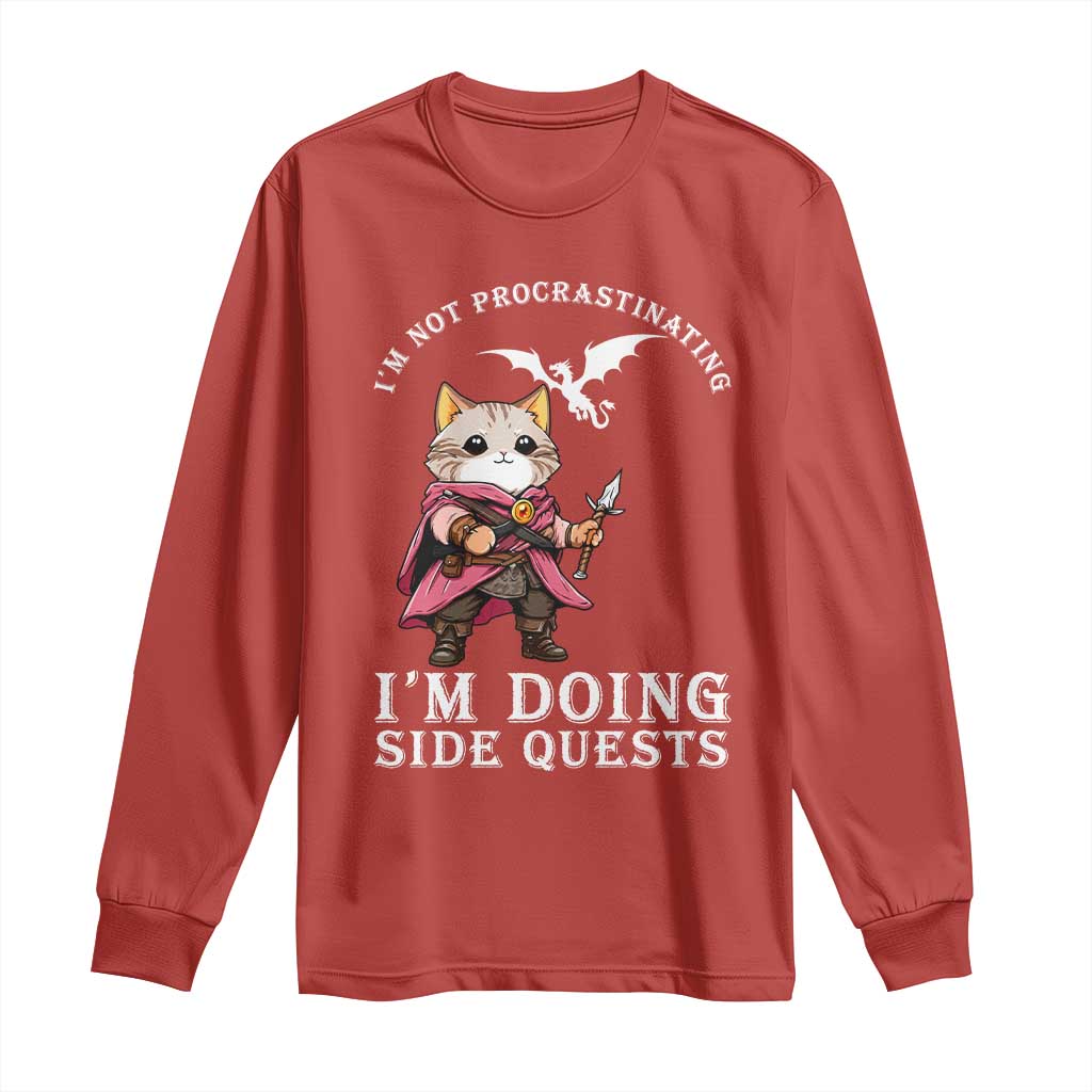 Im Not Procrastinating Im Doing Side Quests Long Sleeve Shirt Funny RPG Gamer Cat Lover Gift TS12 Red Print Your Wear