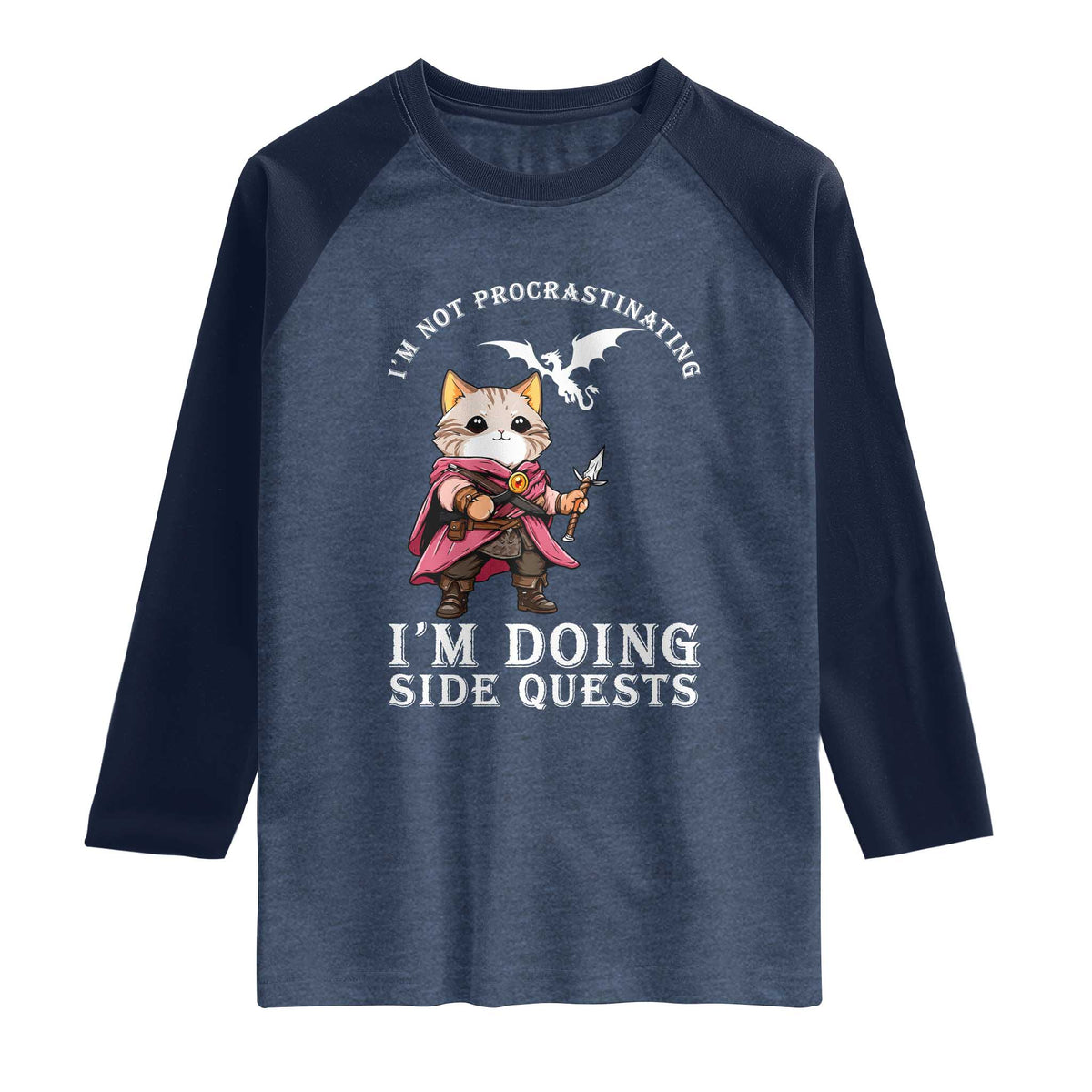 Im Not Procrastinating Im Doing Side Quests Raglan Shirt Funny RPG Gamer Cat Lover Gift TS12 Heather Denim Navy Print Your Wear