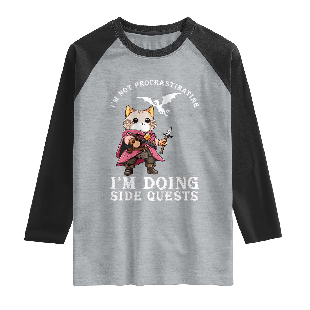 Im Not Procrastinating Im Doing Side Quests Raglan Shirt Funny RPG Gamer Cat Lover Gift TS12 Heather Gray Black Print Your Wear