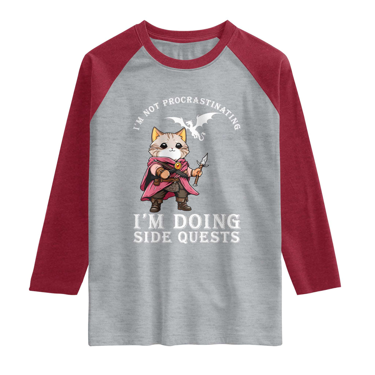 Im Not Procrastinating Im Doing Side Quests Raglan Shirt Funny RPG Gamer Cat Lover Gift TS12 Heather Gray Heather Red Print Your Wear