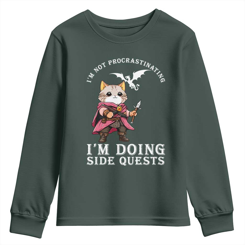 Im Not Procrastinating Im Doing Side Quests Youth Sweatshirt Funny RPG Gamer Cat Lover Gift TS12 Dark Forest Green Print Your Wear