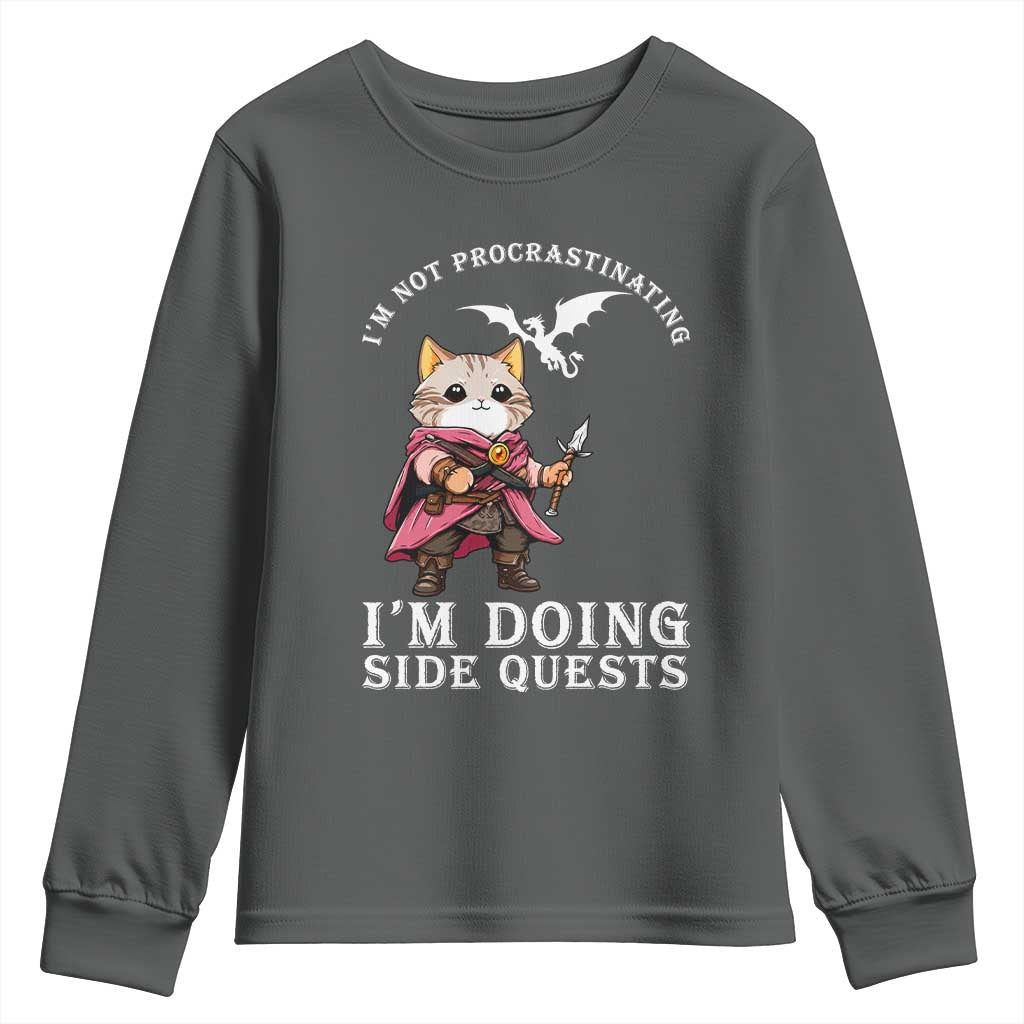 Im Not Procrastinating Im Doing Side Quests Youth Sweatshirt Funny RPG Gamer Cat Lover Gift TS12 Dark Heather Print Your Wear