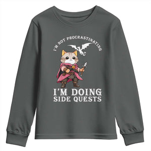 Im Not Procrastinating Im Doing Side Quests Youth Sweatshirt Funny RPG Gamer Cat Lover Gift TS12 Dark Heather Print Your Wear