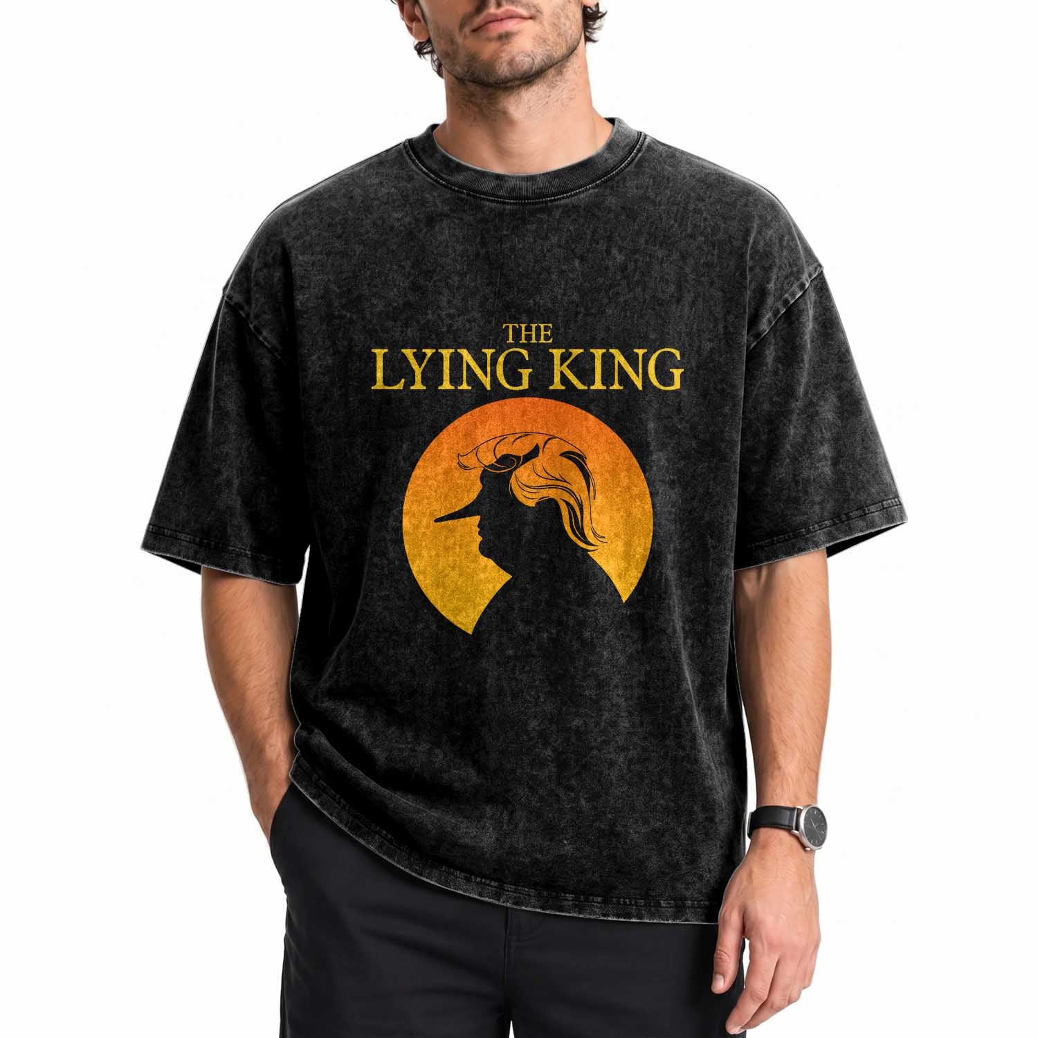 Funny The Lying King Long Nose Silhouette Washed Cotton T-Shirt Vintage Political Satire Statement Gift