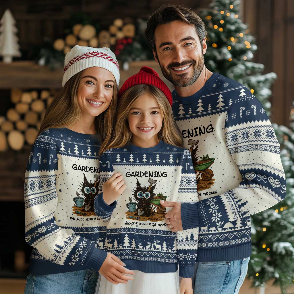 Gardening Because Murder Is Wrong Ugly Christmas Sweater Funny Black Cat Gardener Gift TS12 Beige Navy Print Your Wear