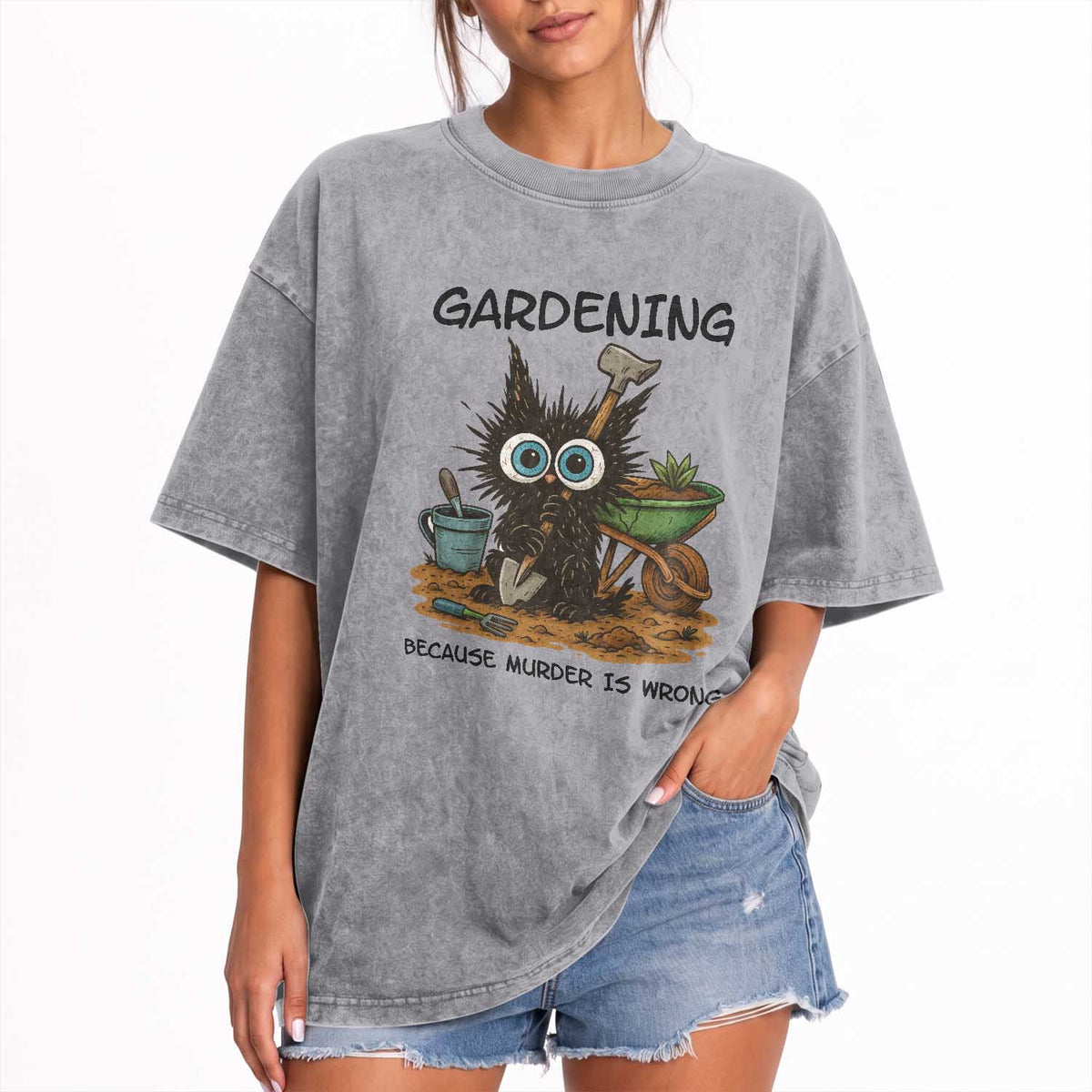 Gardening Because Murder Is Wrong Washed Cotton T-Shirt Funny Black Cat Gardener Gift
