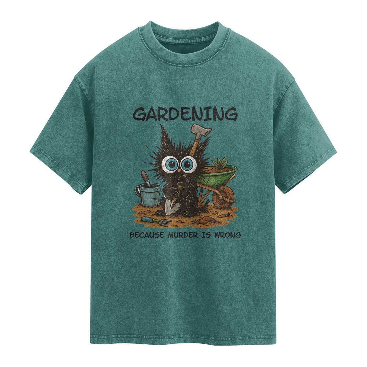 Gardening Because Murder Is Wrong Washed Cotton T-Shirt Funny Black Cat Gardener Gift