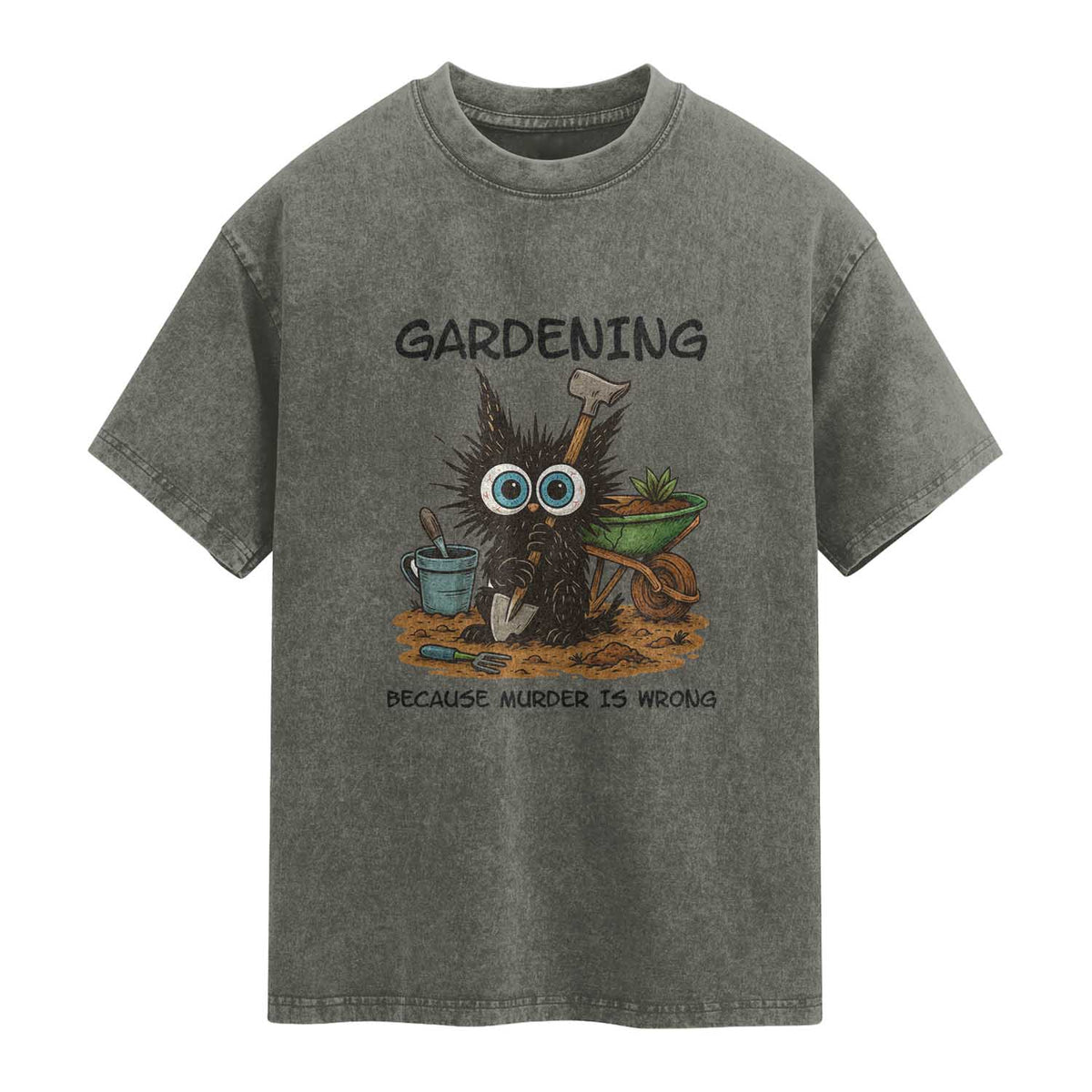 Gardening Because Murder Is Wrong Washed Cotton T-Shirt Funny Black Cat Gardener Gift