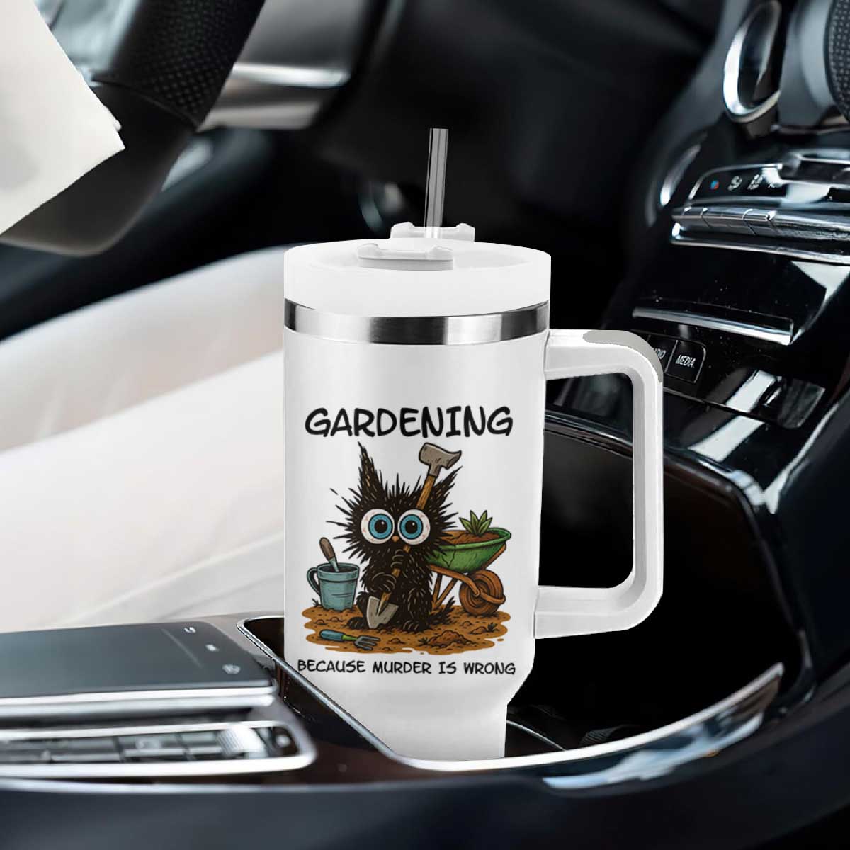 Gardening Because Murder Is Wrong Tumbler With Handle Funny Black Cat Gardener Gift TS12 Print Your Wear