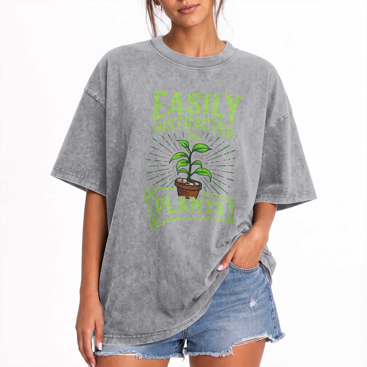 Easily Distracted By Plants Washed Cotton T-Shirt Funny Gardening Lover Gift