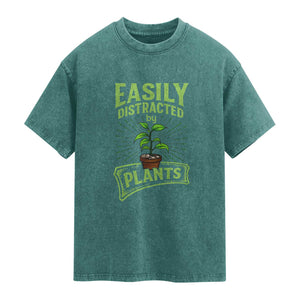 Easily Distracted By Plants Washed Cotton T-Shirt Funny Gardening Lover Gift