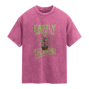 Easily Distracted By Plants Washed Cotton T-Shirt Funny Gardening Lover Gift