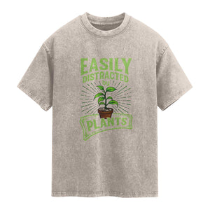 Easily Distracted By Plants Washed Cotton T-Shirt Funny Gardening Lover Gift