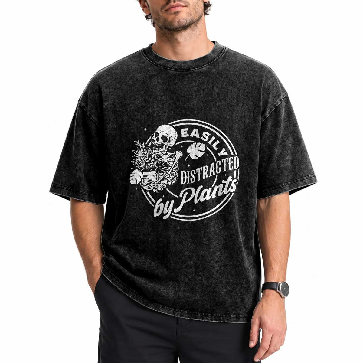 Easily Distracted By Plants Skeleton Washed Cotton T-Shirt Funny Gardener Plant Lover