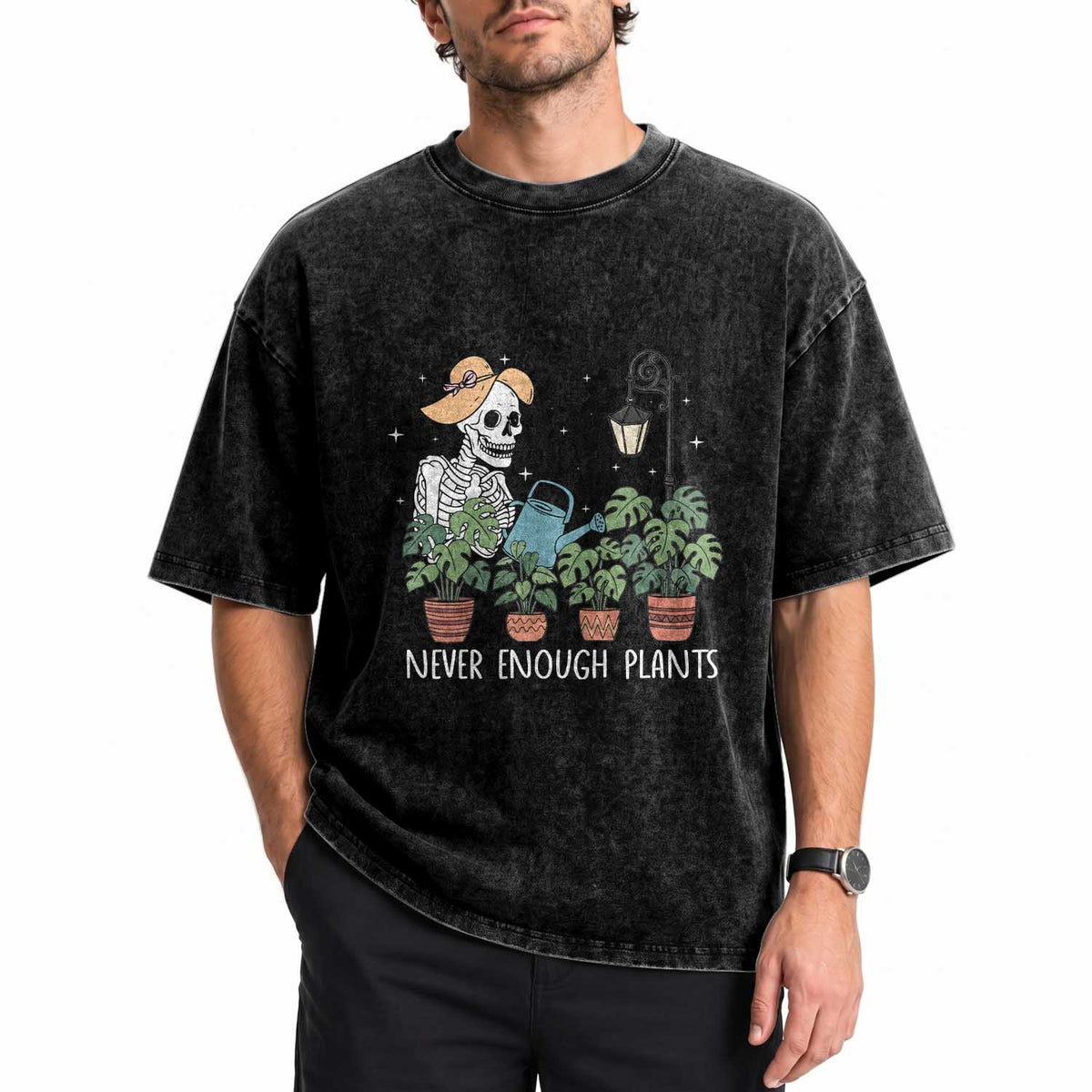 Skeleton Monstera Lover Washed Cotton T-Shirt Never Enough Plants