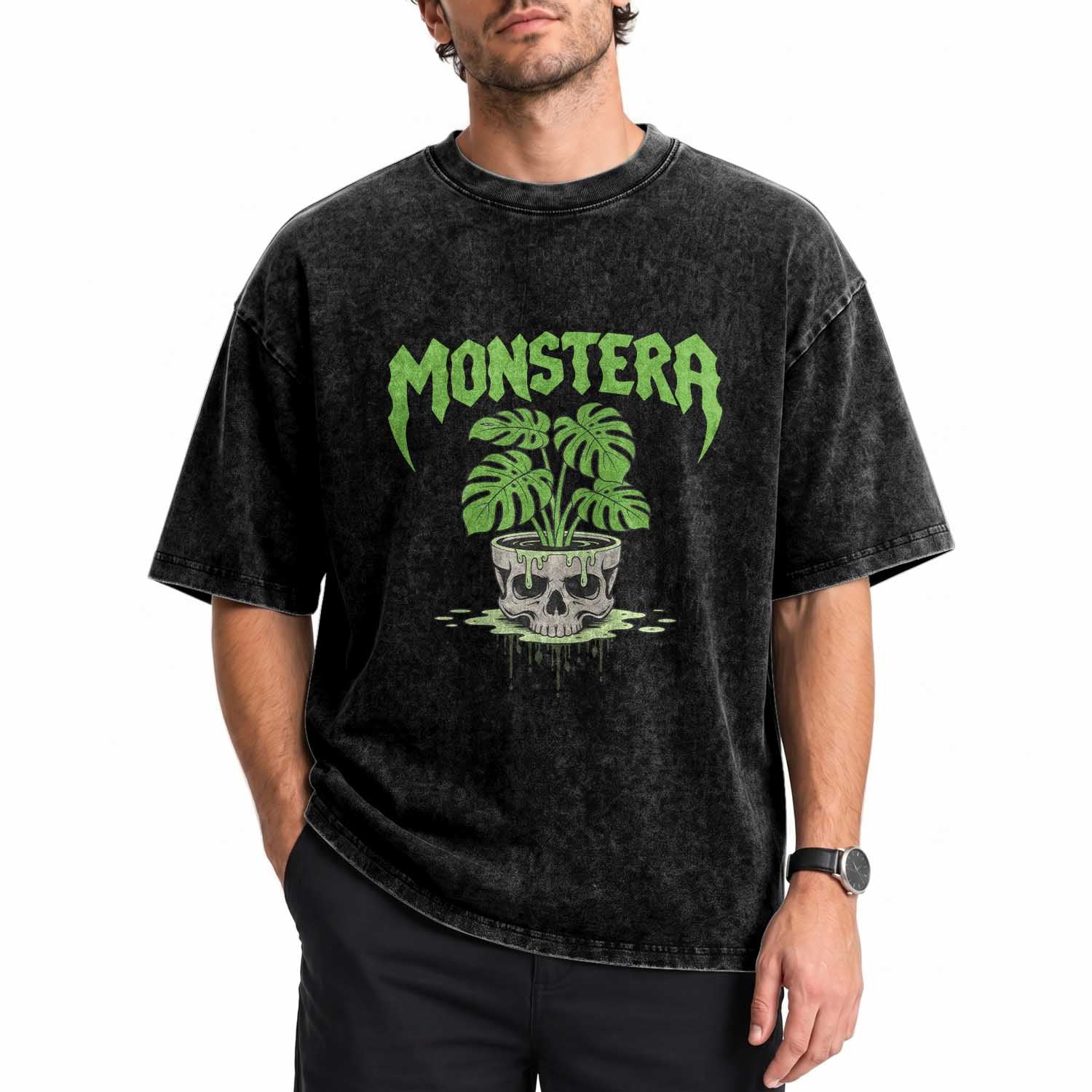 Monstera Lover Houseplant Gift Washed Cotton T-Shirt Skull Plant Pot Graphic