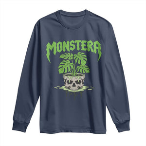 Monstera Lover Houseplant Gift Long Sleeve Shirt Skull Plant Pot Graphic TS12 Navy Print Your Wear