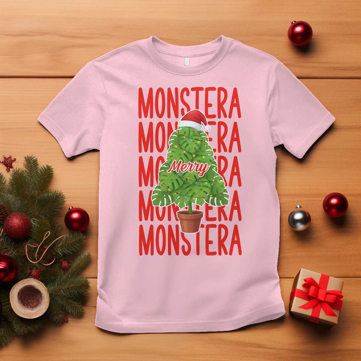 Merry Monstera T Shirt Plant Lover Christmas Gift TS12 Light Pink Print Your Wear