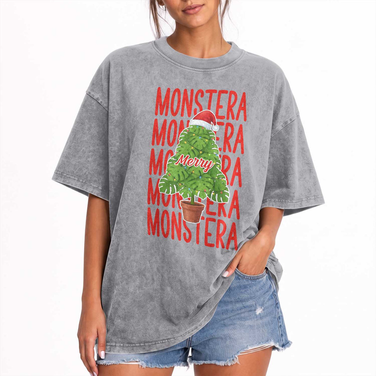 Merry Monstera Washed Cotton T-Shirt Plant Lover Christmas Gift