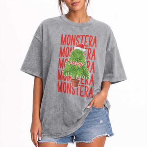Merry Monstera Washed Cotton T-Shirt Plant Lover Christmas Gift