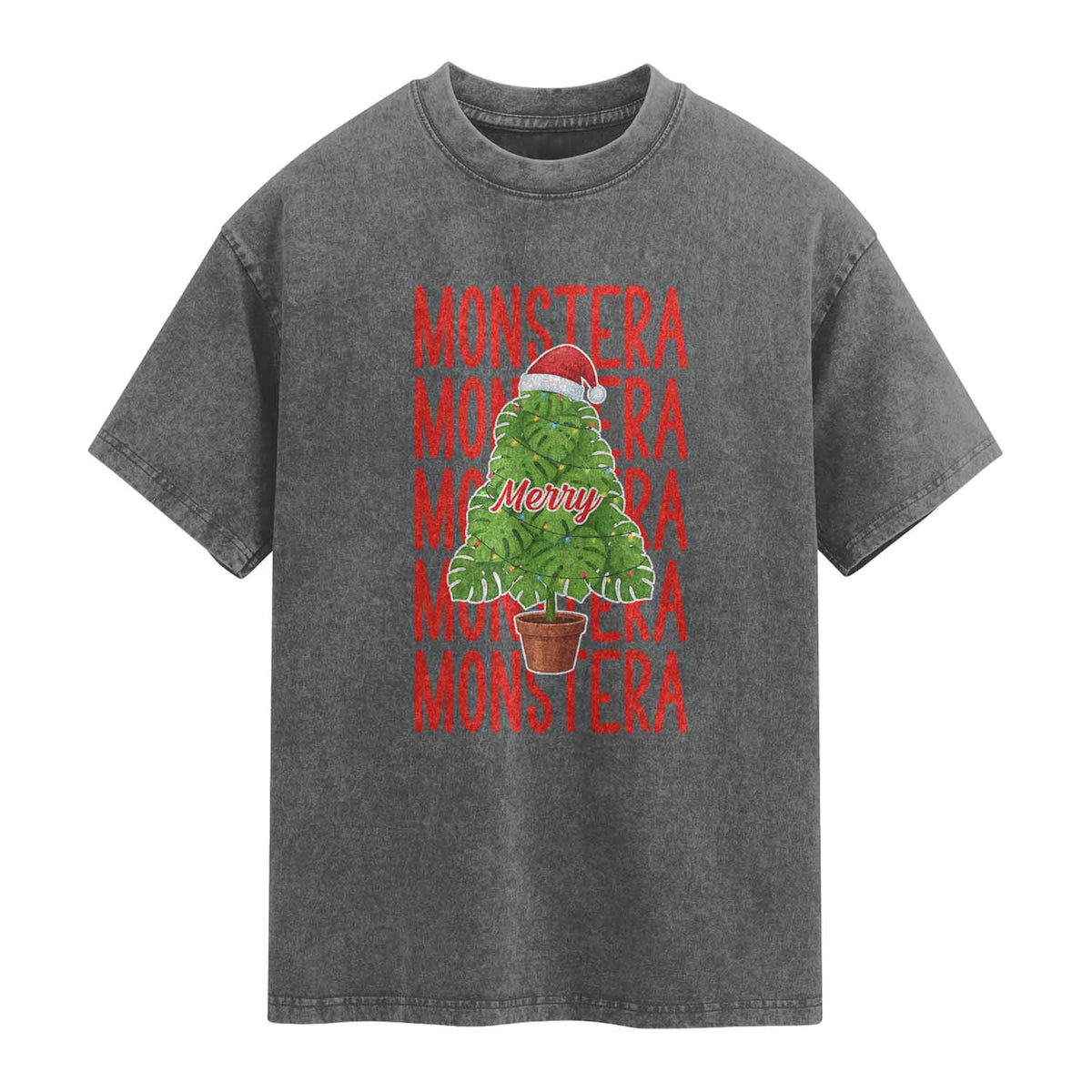Merry Monstera Washed Cotton T-Shirt Plant Lover Christmas Gift