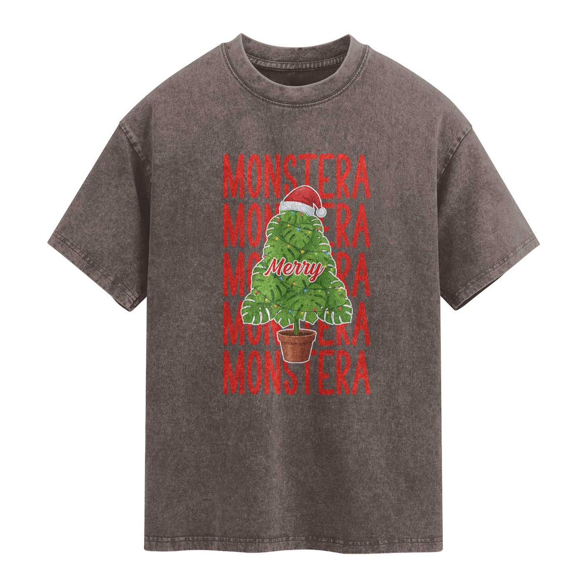 Merry Monstera Washed Cotton T-Shirt Plant Lover Christmas Gift