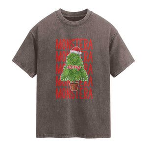 Merry Monstera Washed Cotton T-Shirt Plant Lover Christmas Gift