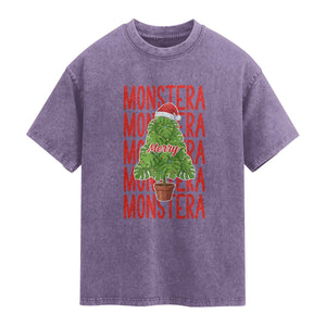 Merry Monstera Washed Cotton T-Shirt Plant Lover Christmas Gift