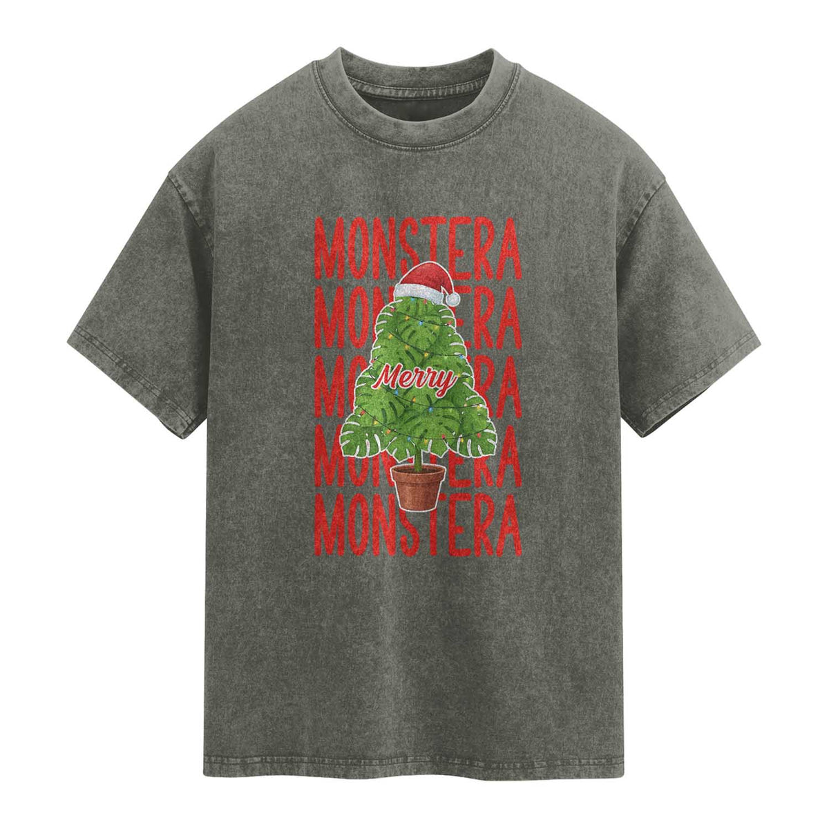 Merry Monstera Washed Cotton T-Shirt Plant Lover Christmas Gift