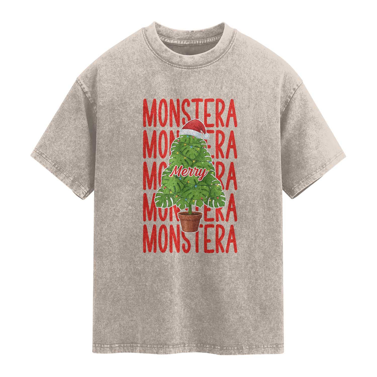 Merry Monstera Washed Cotton T-Shirt Plant Lover Christmas Gift