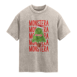 Merry Monstera Washed Cotton T-Shirt Plant Lover Christmas Gift