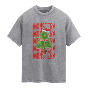 Merry Monstera Washed Cotton T-Shirt Plant Lover Christmas Gift