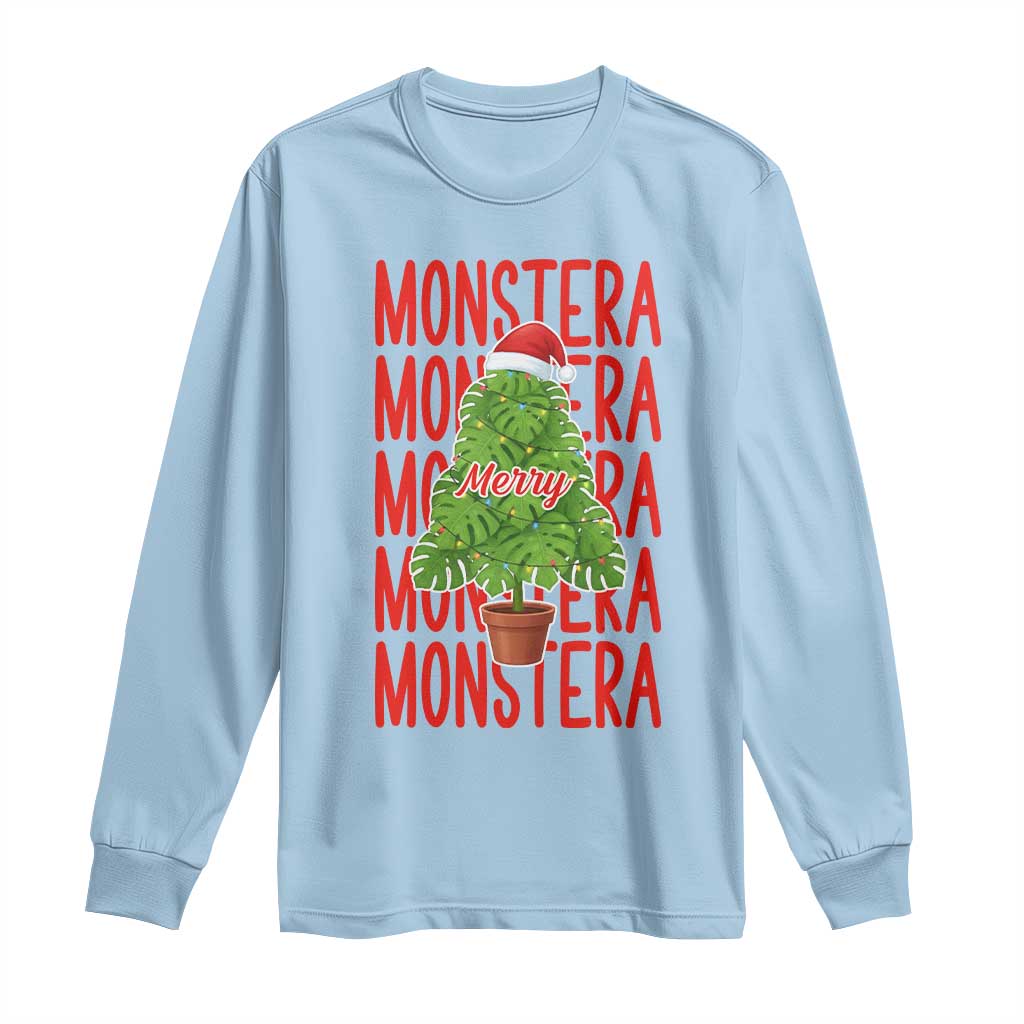 Merry Monstera Long Sleeve Shirt Plant Lover Christmas Gift TS12 Light Blue Print Your Wear
