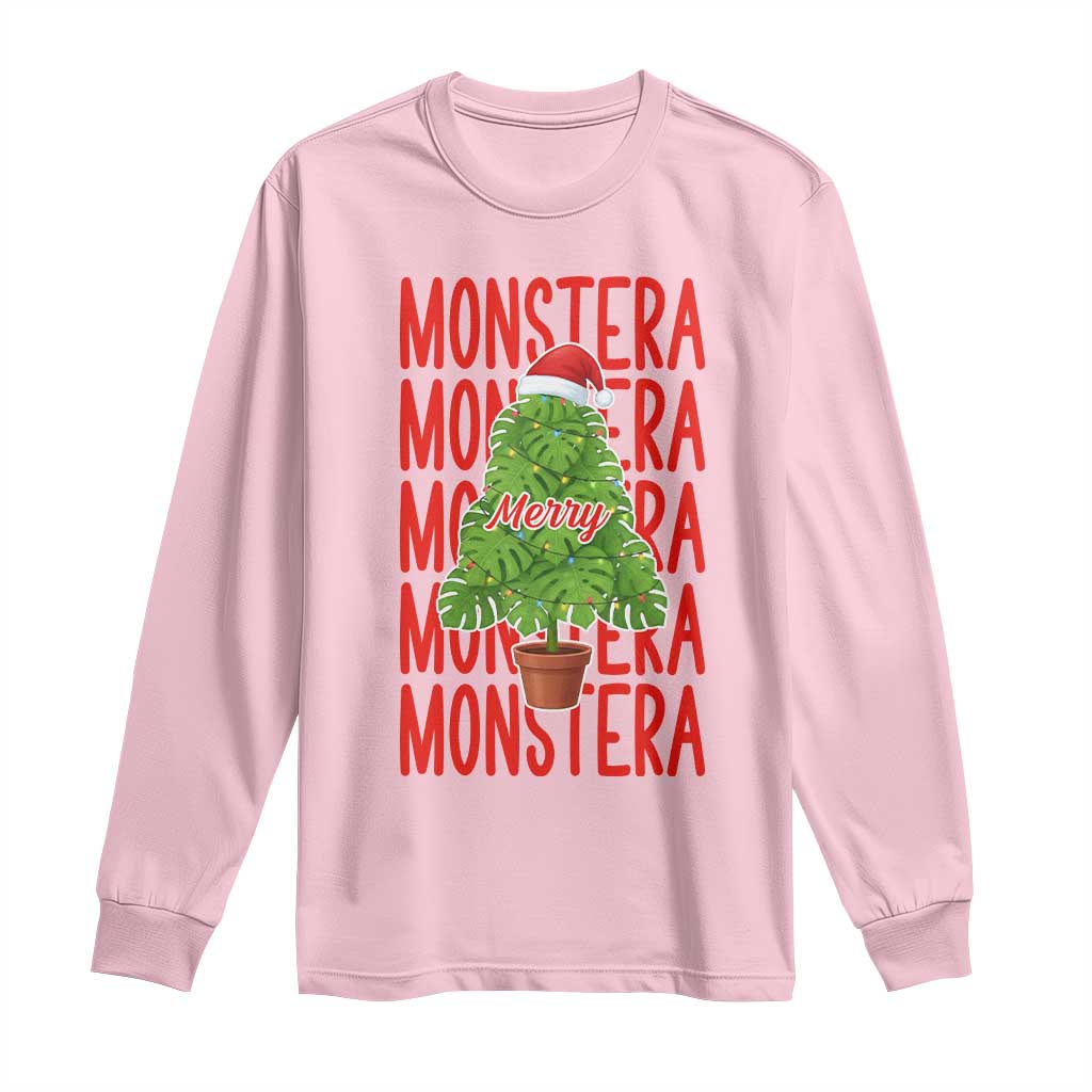 Merry Monstera Long Sleeve Shirt Plant Lover Christmas Gift TS12 Light Pink Print Your Wear
