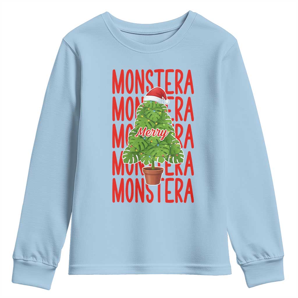 Merry Monstera Youth Sweatshirt Plant Lover Christmas Gift TS12 Light Blue Print Your Wear