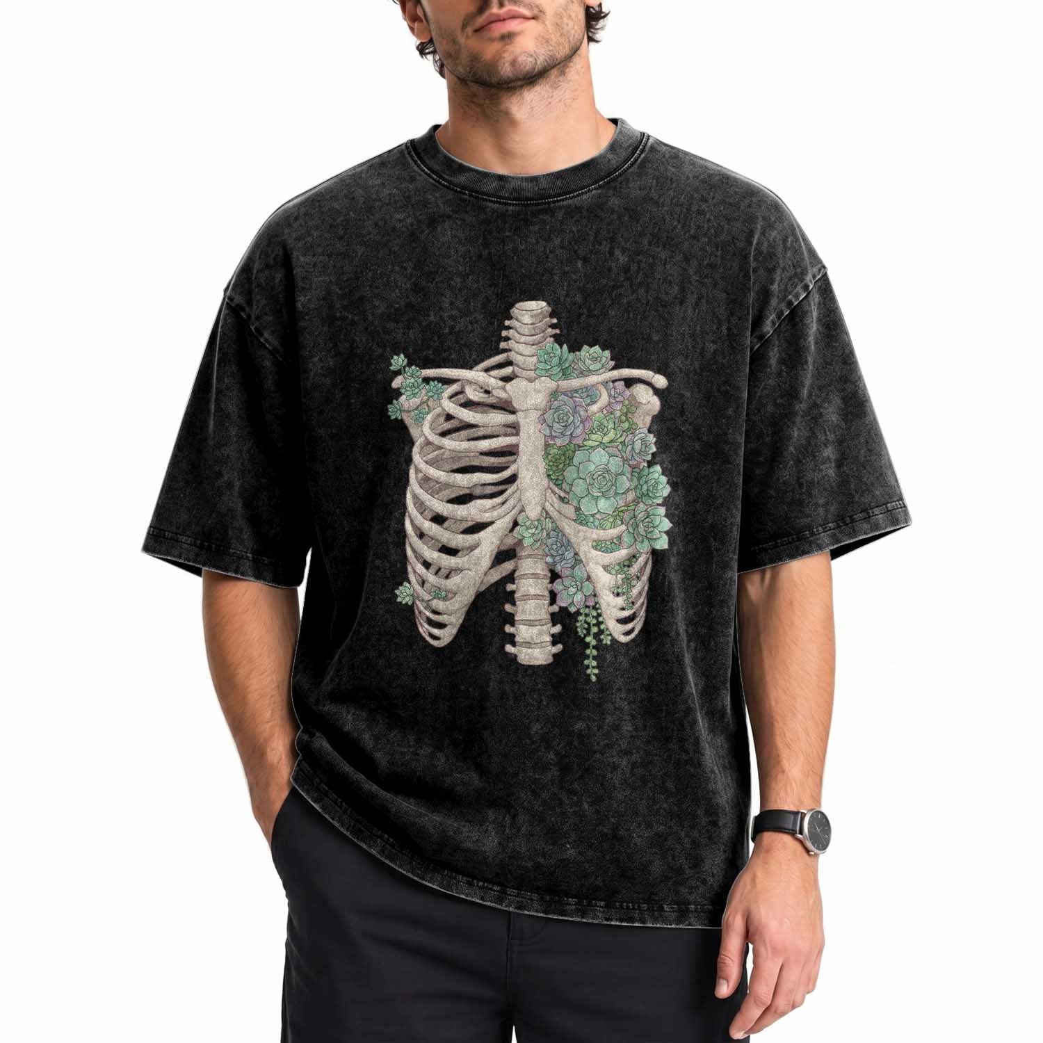 Succulent Body Skeleton Washed Cotton T-Shirt Creepy Plant Lover Gift