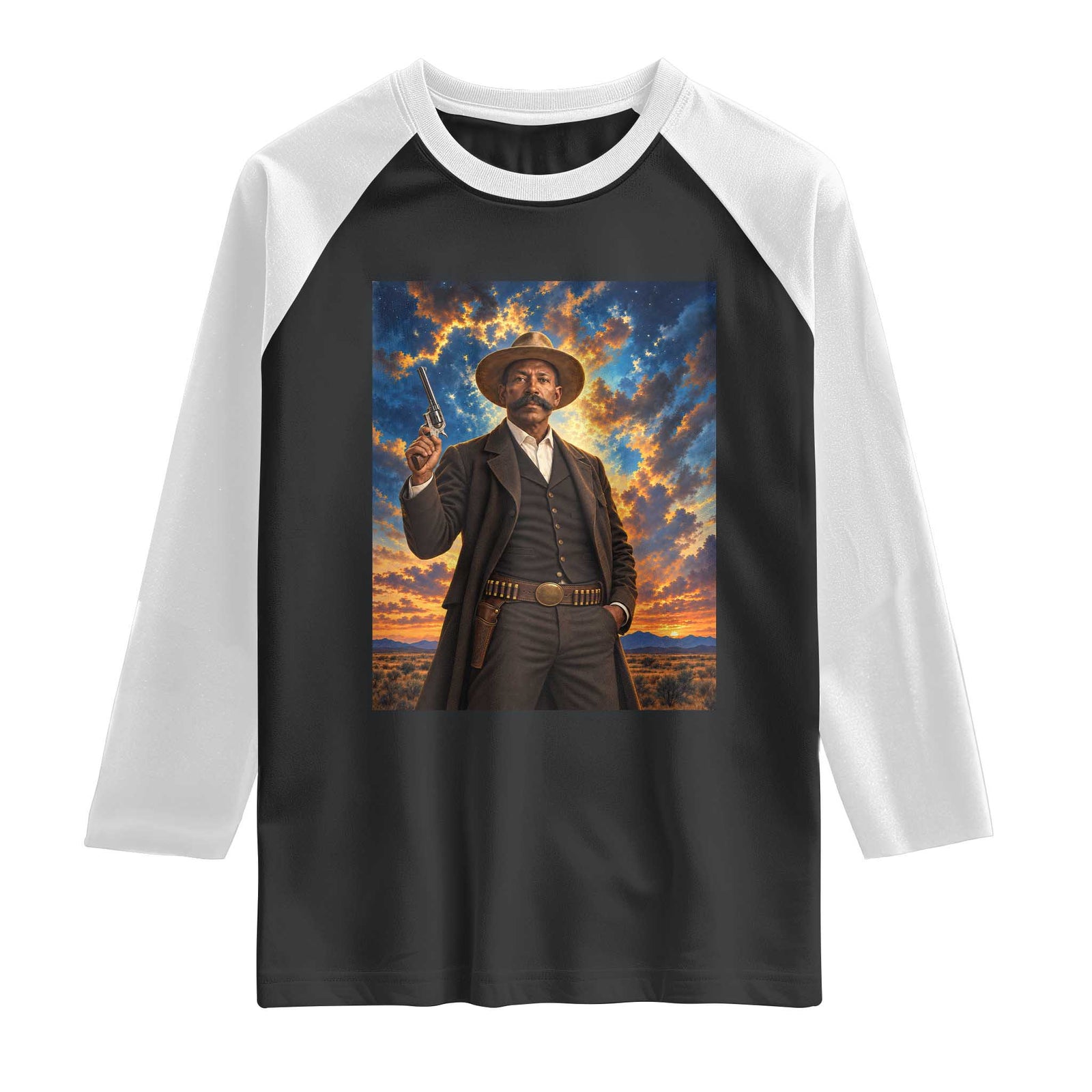 Bass Reeves Wild West Lawman Portrait Raglan Shirt Sunset Western Hero Heritage