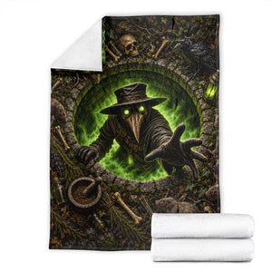 Plague Doctor Rising From Cracked Earth Pit 3D Optical Illusion Throw Blanket Spooky Halloween Gothic Horror Graphic