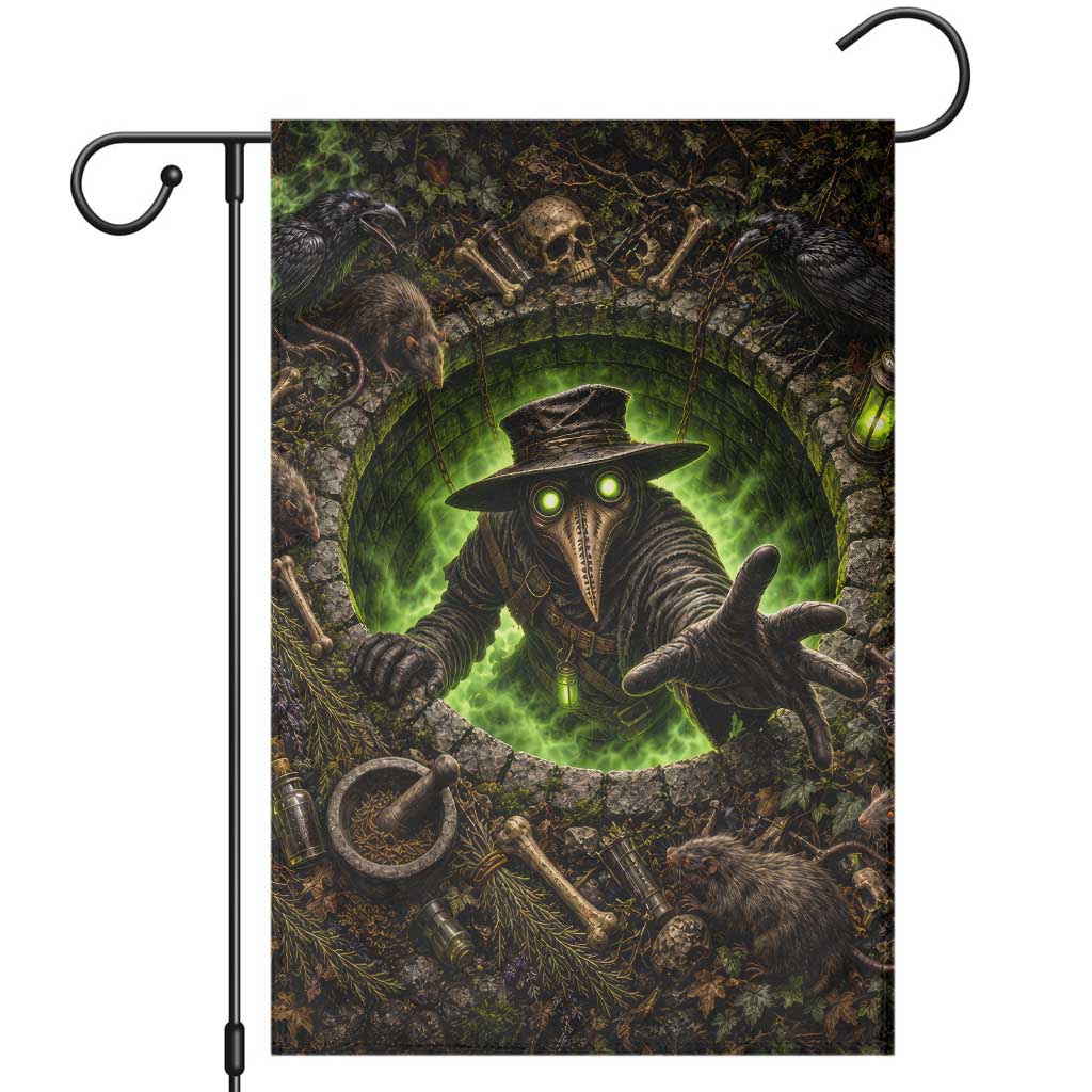 Plague Doctor Rising From Cracked Earth Pit 3D Optical Illusion Garden Flag Spooky Halloween Gothic Horror Graphic