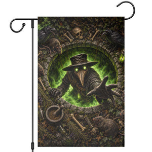 Plague Doctor Rising From Cracked Earth Pit 3D Optical Illusion Garden Flag Spooky Halloween Gothic Horror Graphic